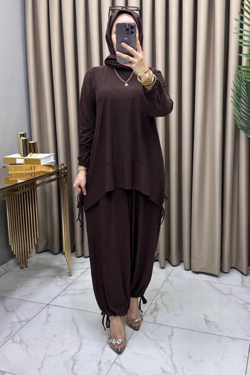 Elanur Pantolonlu Takım Kahve