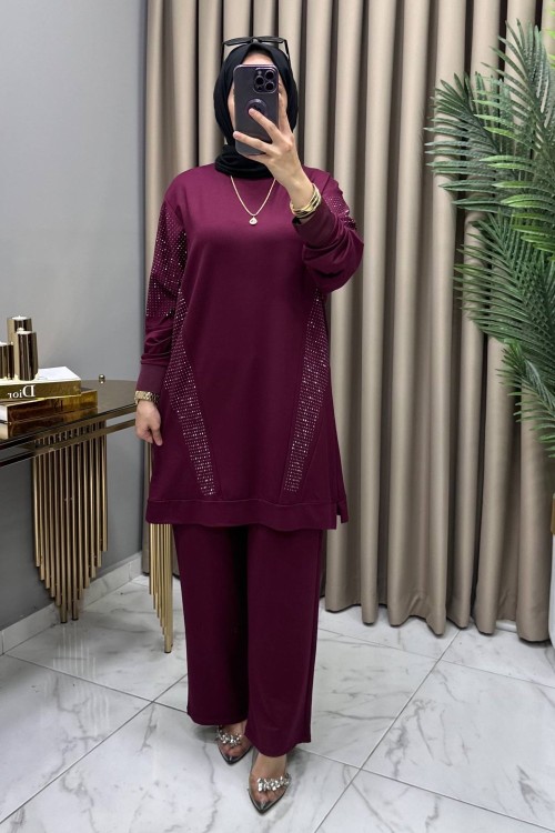 Hanımeli Taşlı Takım Fuşya