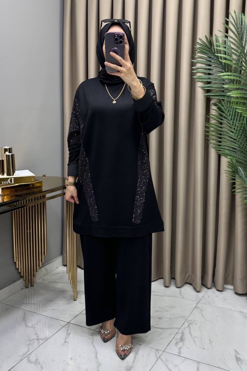 Hanımeli Taşlı  Takım Siyah