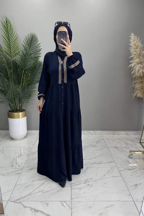 Medine Elbise Nakışlı Lacivert
