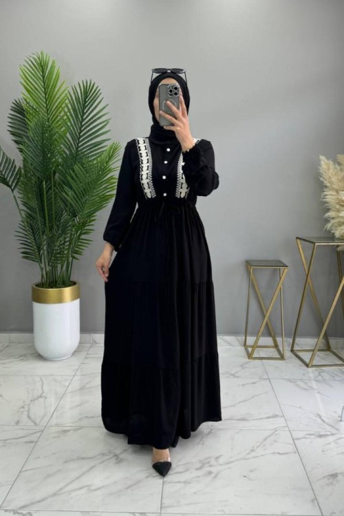 Nakışlı Elbise Siyah