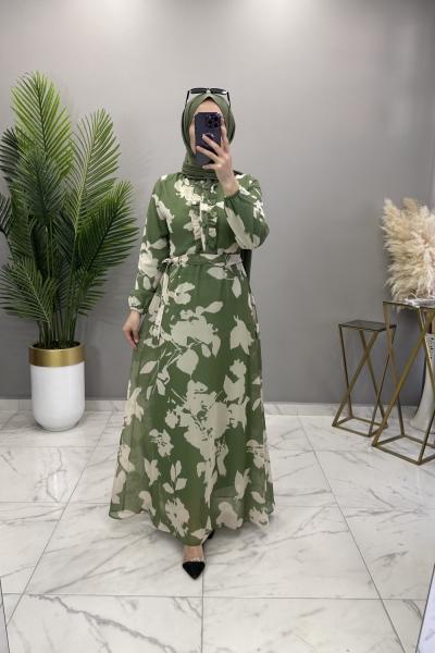 Yaprak Şifon Elbise Haki