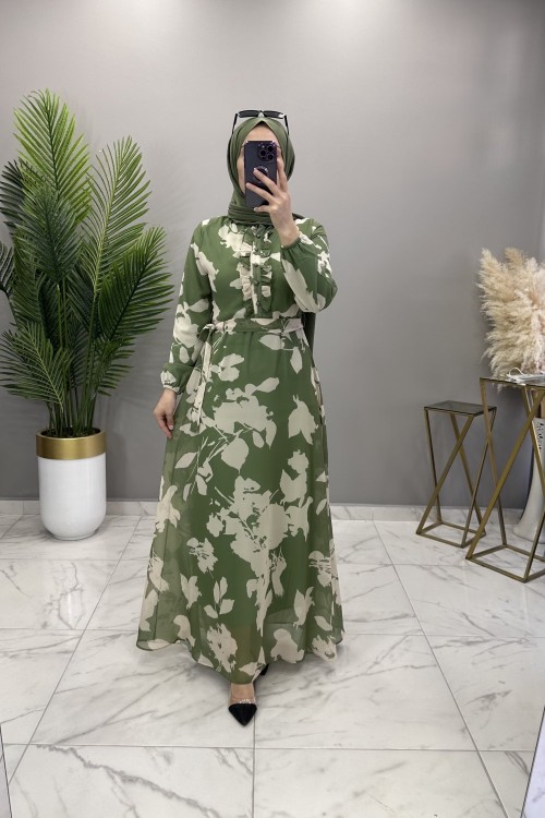 Yaprak Şifon Elbise Haki