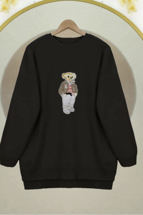 Ayıcık İşlemeli Arkası Uzun Triko Kazak -Siyah