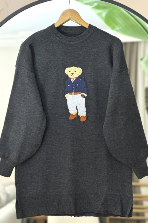 Ayıcık İşlemeli Arkası Uzun Triko Kazak -Gri