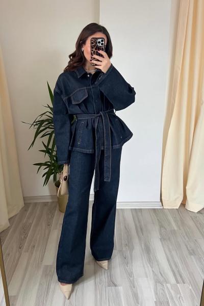 Ayla Kemerli Denim İkili Takım - Lacivert