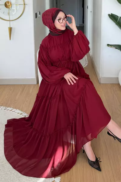 Ayla Şifon Elbise- Bordo