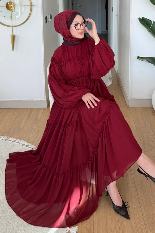 Ayla Şifon Elbise- Bordo