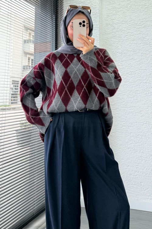 Baklava Kazak- 2 Farklı Bordo Gri