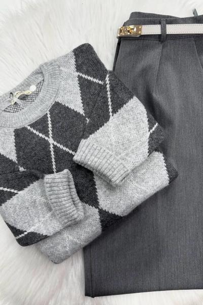 Baklava Kazak- 2 Farklı Koyu Gri Acık Gri