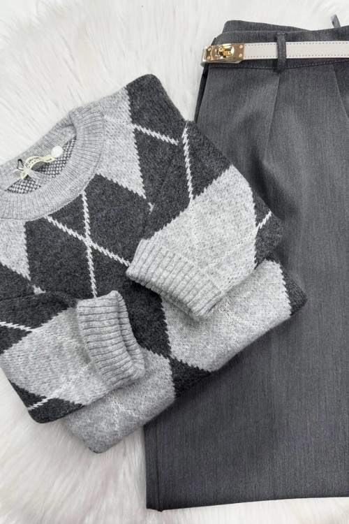 Baklava Kazak- 2 Farklı Koyu Gri Acık Gri