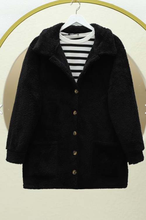 Cepli Pelüş Ceket -Siyah