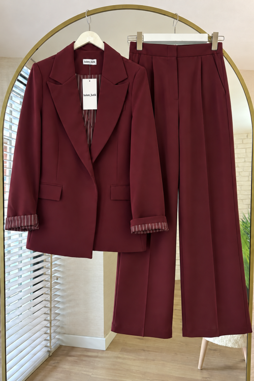 Çizgi Astarlı Ceket- Bordo