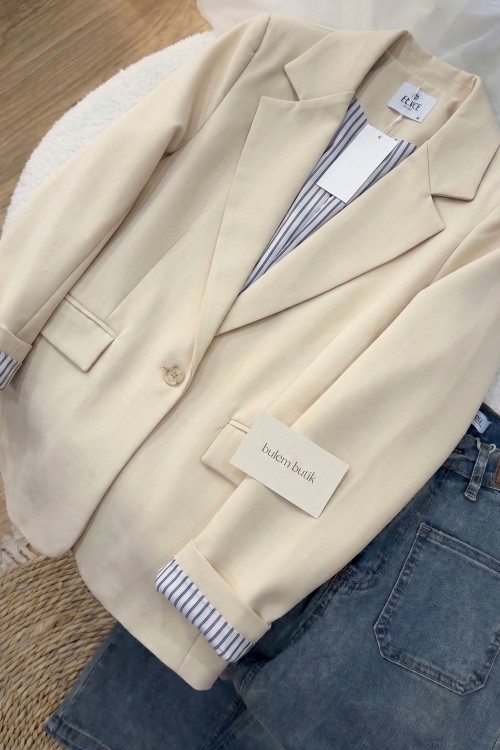 Çizgi Blazer Ceket- Bej