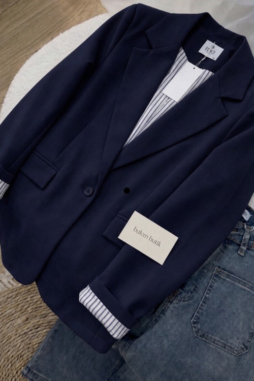 Çizgi Blazer Ceket- Lacivert