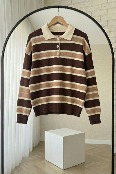 Dügeli Çizgili Kazak- Kahve