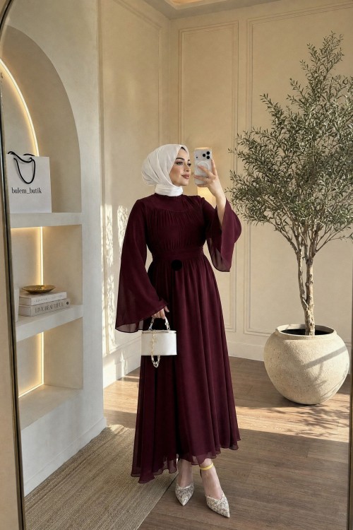 Elara Şifon Elbise- Bordo 