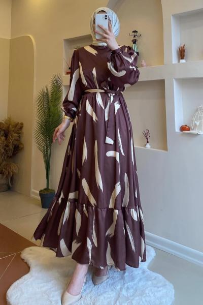 Fırça Desen Elbise - Kahve