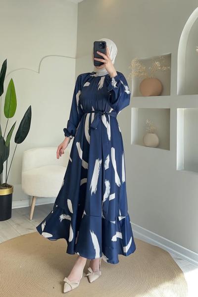 Fırça Desen Elbise - Lacivert
