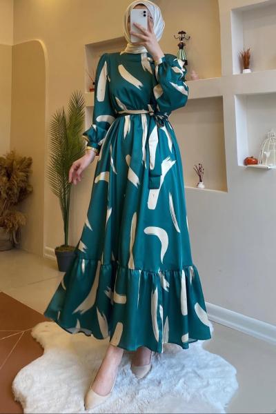 Fırça Desen Elbise - Yeşil