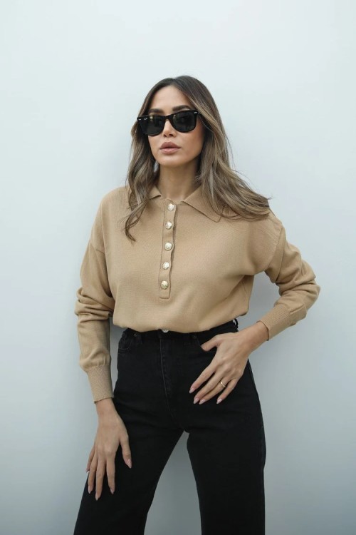 Gold Düğmeli Polo Yaka Hasgül - Camel