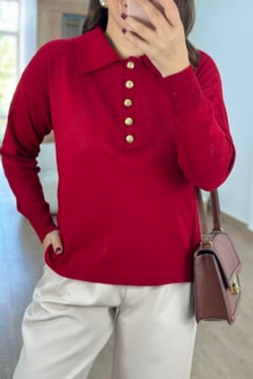 Gold Düğmeli Polo Yaka Hasgül - Kırmızı