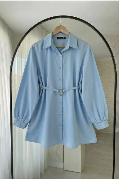 Kalp Kemerli Poplin Gömlek- Bebe Mavisi