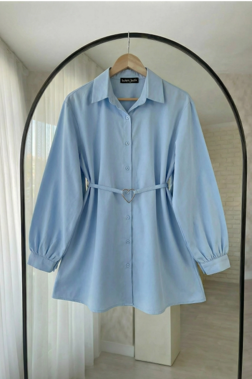 Kalp Kemerli Poplin Gömlek- Bebe Mavisi