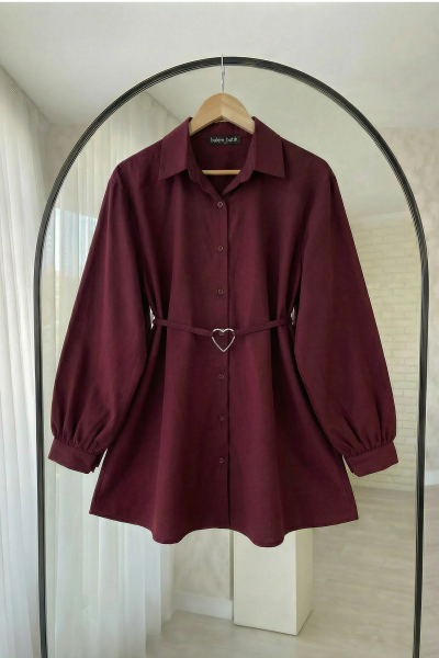 Kalp Kemerli Poplin Gömlek- Bordo