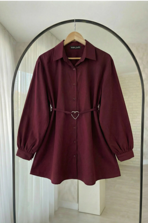 Kalp Kemerli Poplin Gömlek- Bordo