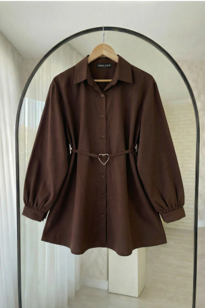 Kalp Kemerli Poplin Gömlek- Kahve