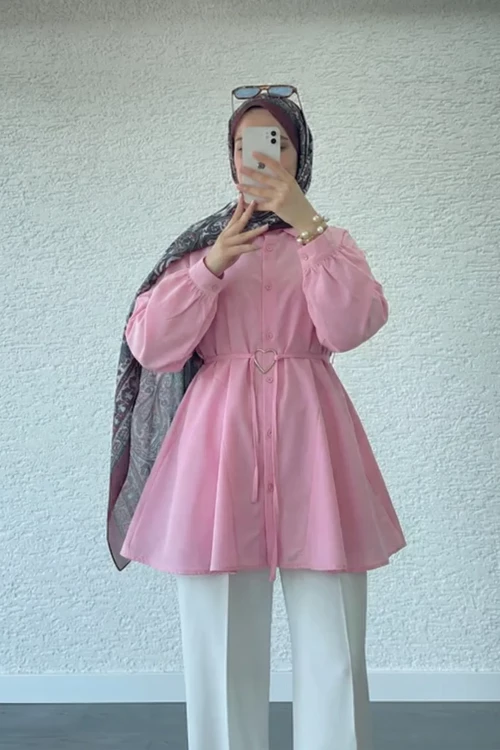 Kalp Kemerli Poplin Gömlek- Pembe