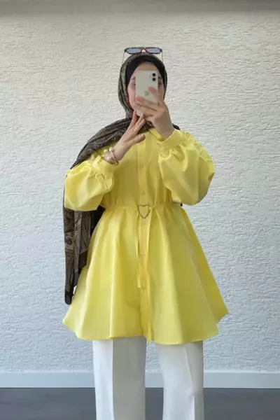 Kalp Kemerli Poplin Gömlek- Sarı