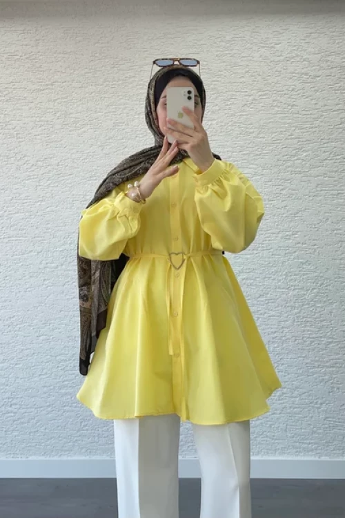 Kalp Kemerli Poplin Gömlek- Sarı