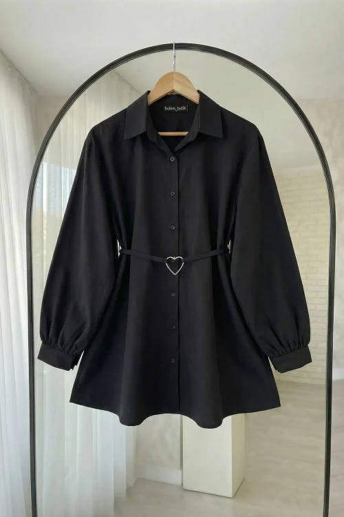 Kalp Kemerli Poplin Gömlek- Siyah