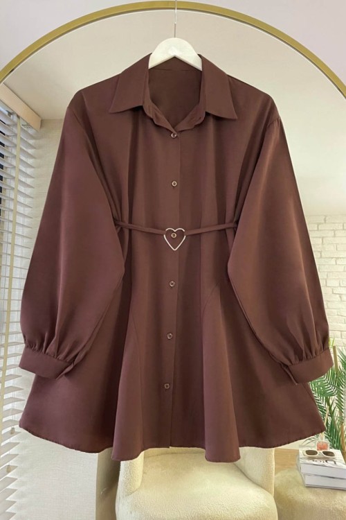 Kalp Tokalı Kloş Tunik- Kahve