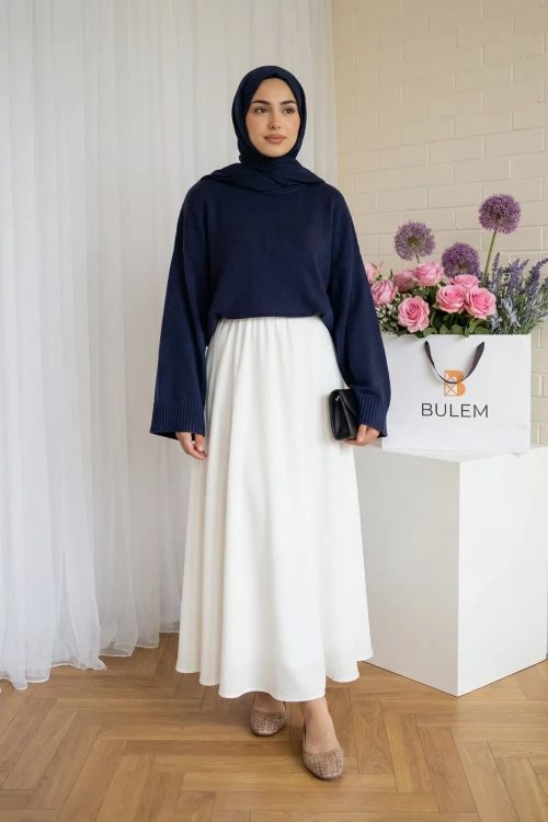 Kazak Yarasa Kol-Lacivert- Çan Etek- Beyaz Takım