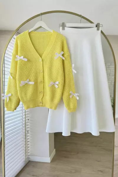 Kurdeleli Triko Hırka- Sarı