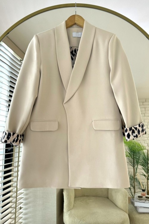 Leopar Astarlı Ceket Bej