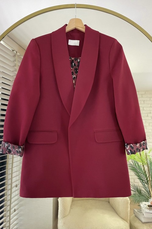 Leopar Astarlı Ceket Bordo