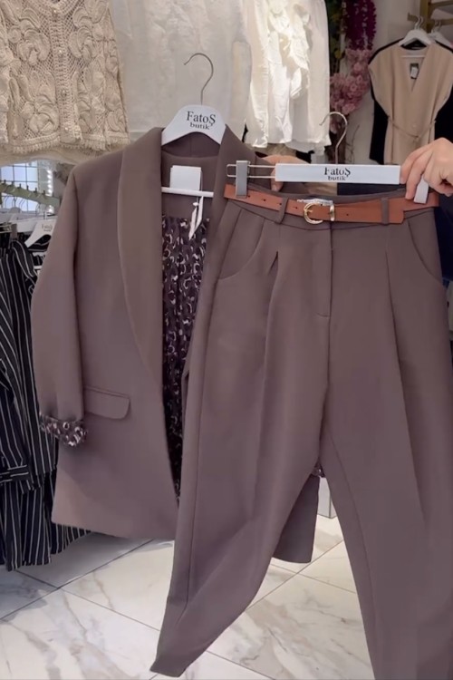 Leopar Astarlı Ceket Pantolon Kemerli 3lü Takım - Kahve