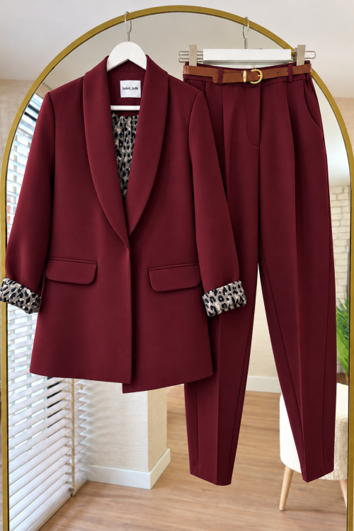 Leopar Astarlı Ceket Pantolon Kemerli 3lü Takım - Bordo