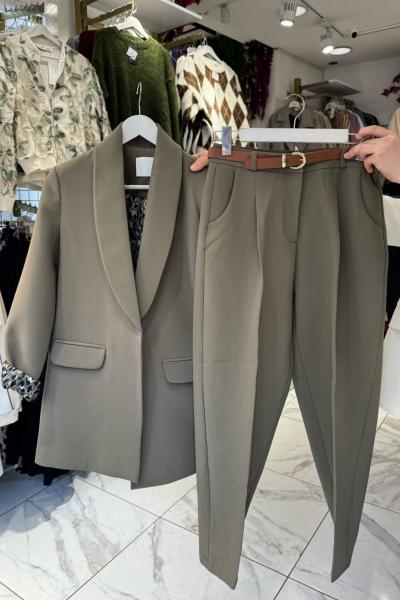 Leopar Astarlı Ceket Pantolon Kemerli 3lü Takım - Yağ Yeşili