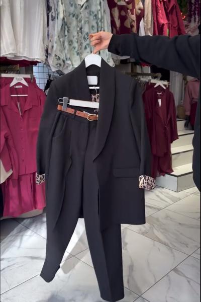 Leopar Astarlı Ceket Pantolon Kemerli 3lü Takım - Siyah