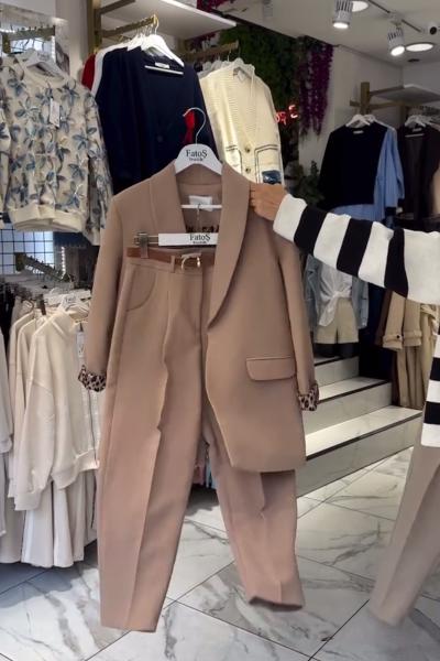 Leopar Astarlı Ceket Pantolon Kemerli 3lü Takım - Vizon