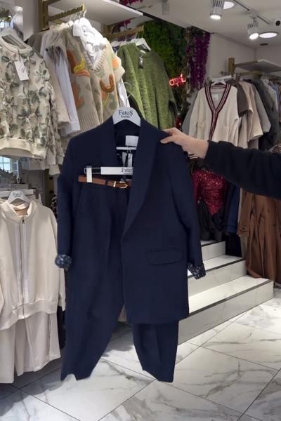 Leopar Astarlı Ceket Pantolon Kemerli 3lü Takım - Lacivert