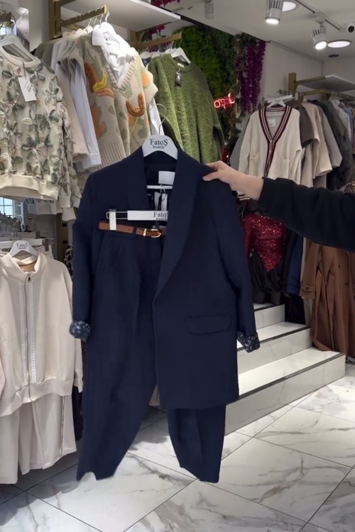 Leopar Astarlı Ceket Pantolon Kemerli 3lü Takım - Lacivert