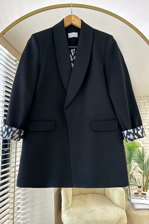 Leopar Astarlı Ceket Siyah