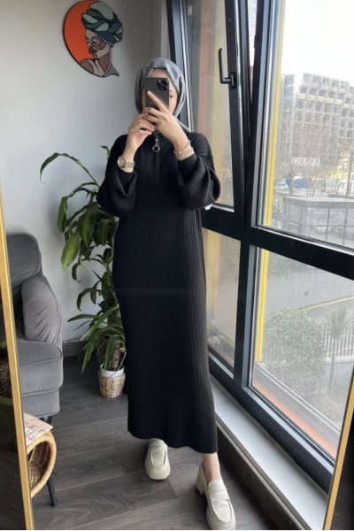 Lina Fitilli Triko Elbise- Siyah