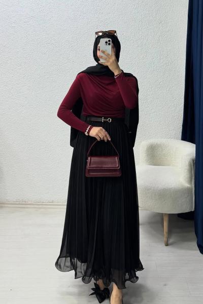 Nehir Tül Etek Kombin - Etek Siyah -Buluz - Kırmızı